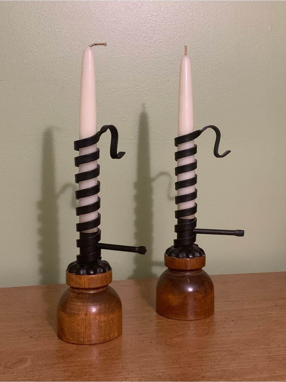 Vintage Wood and Wrought Iron Courting Candles - Pair Set of 2.